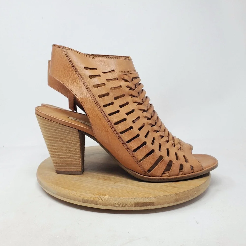 Paul Green Rosa Ankle Booties Womens 10.5 Brown Leather Woven Open Back Shoes‎